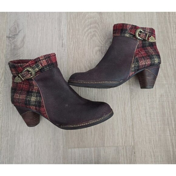 L'artiste Spring Step Scottala Burgundy Red Leather Zip Plaid Ankle Boots 39 8.5 - Picture 12 of 14